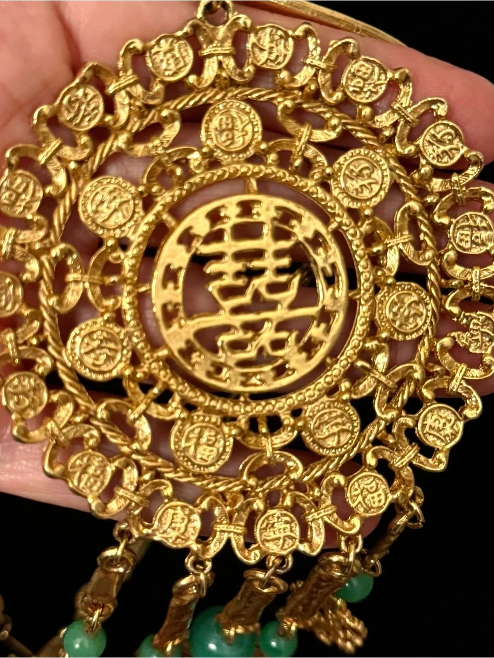 Vintage 1960s Goldette New York Signed Gold Tone Asian Runway Necklace Perfect!
